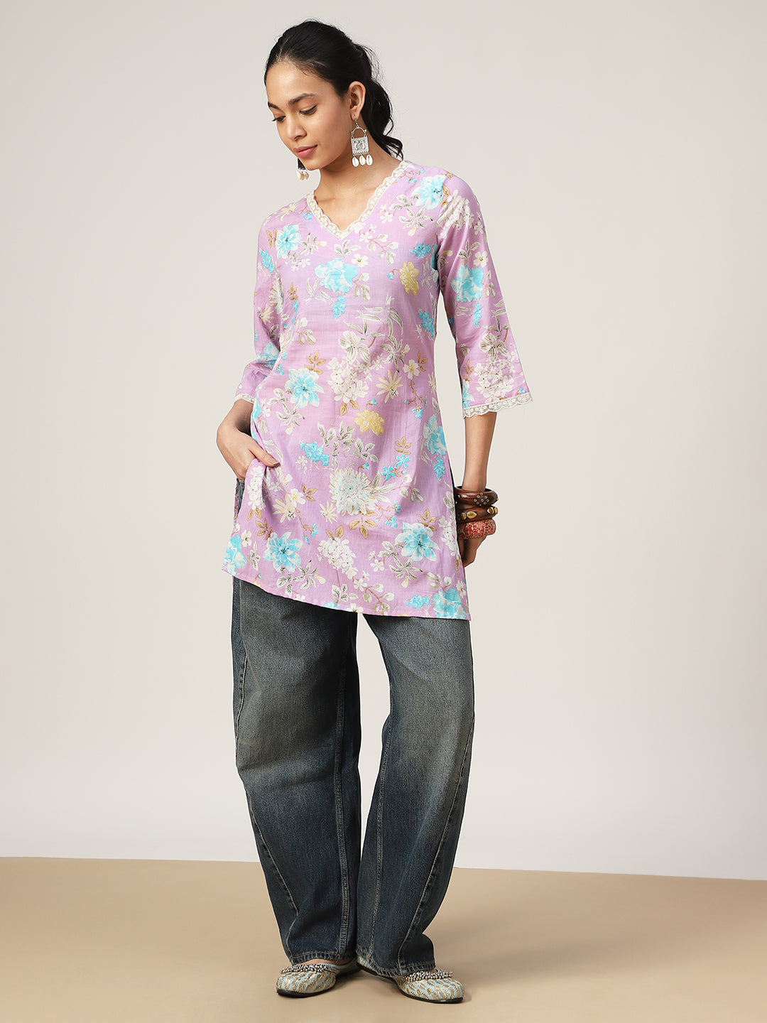 Straight Printed Cotton V-Neck Top