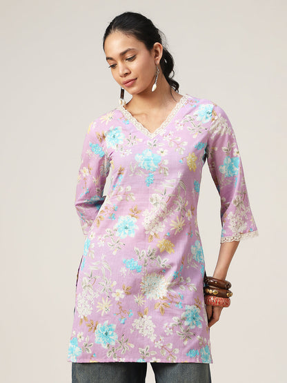 Straight Printed Cotton V-Neck Top
