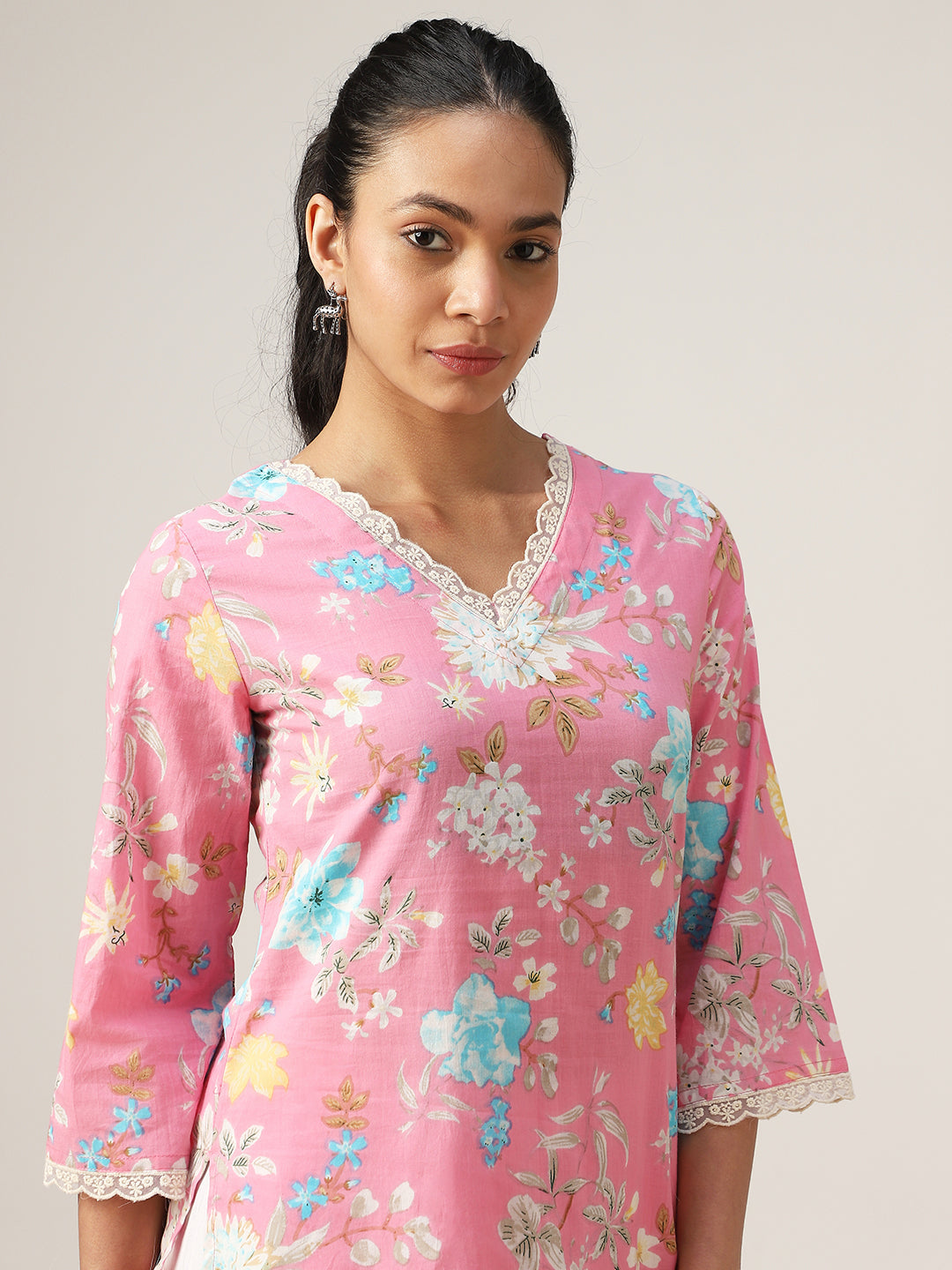 Straight Printed Cotton V-Neck Top