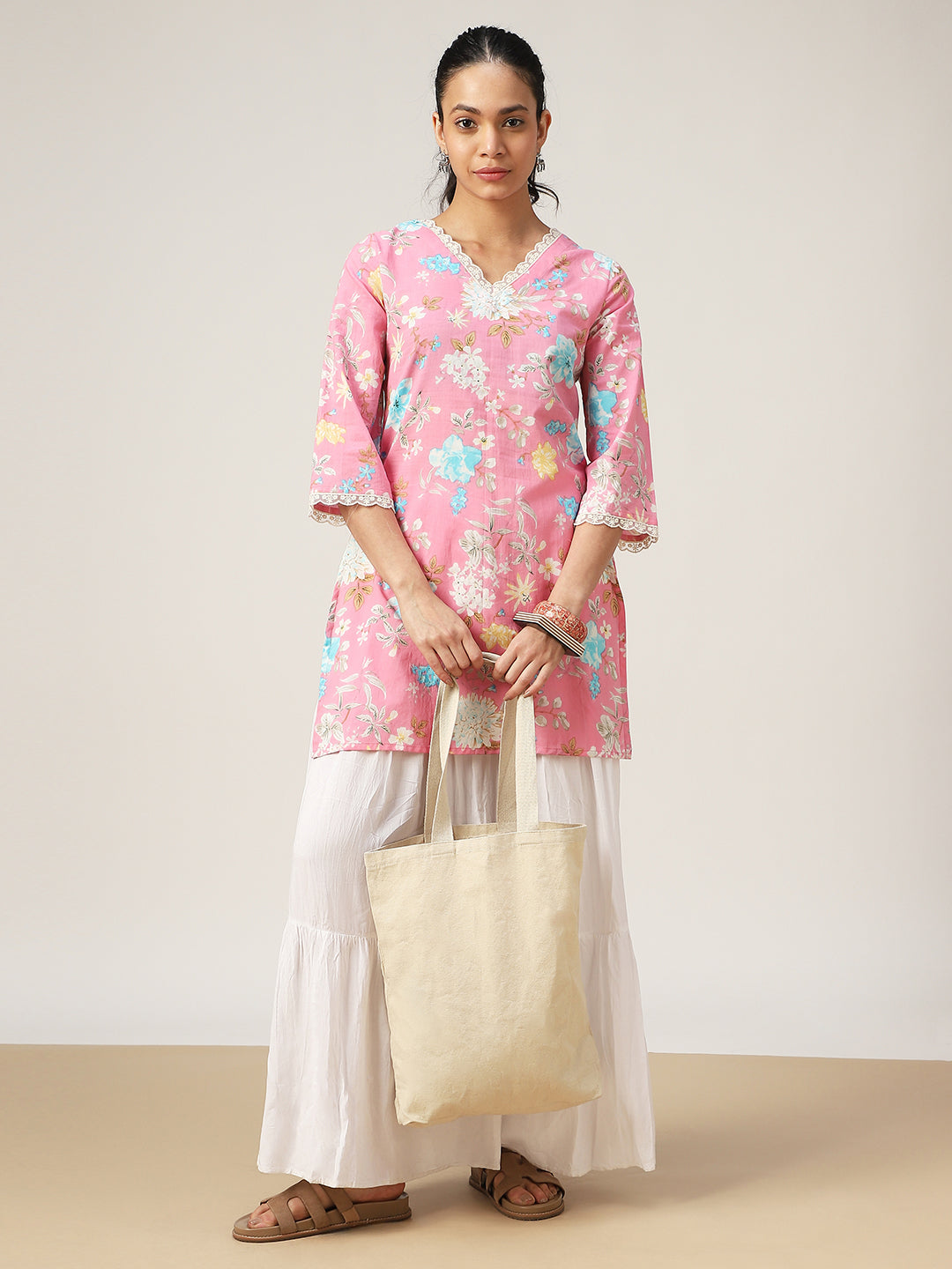 Straight Printed Cotton V-Neck Top