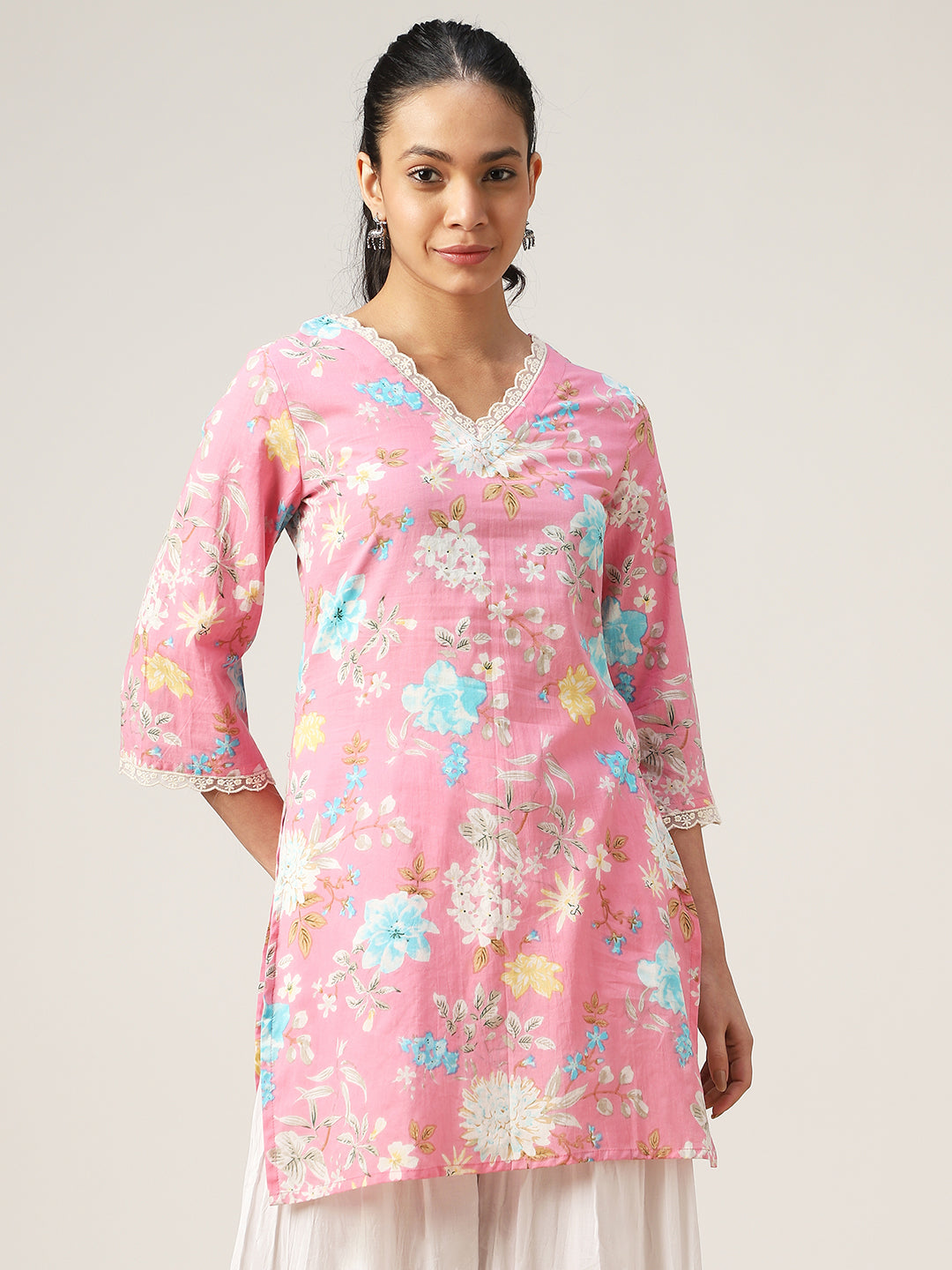 Straight Printed Cotton V-Neck Top