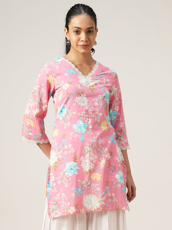 Straight Printed Cotton V-Neck Top