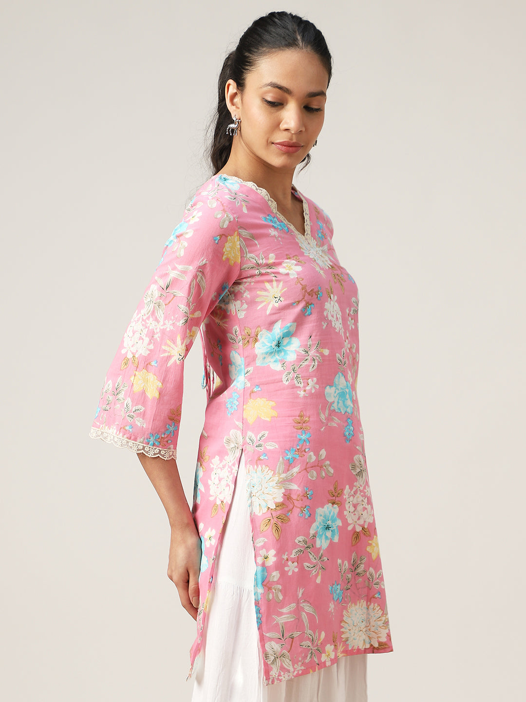 Straight Printed Cotton V-Neck Top