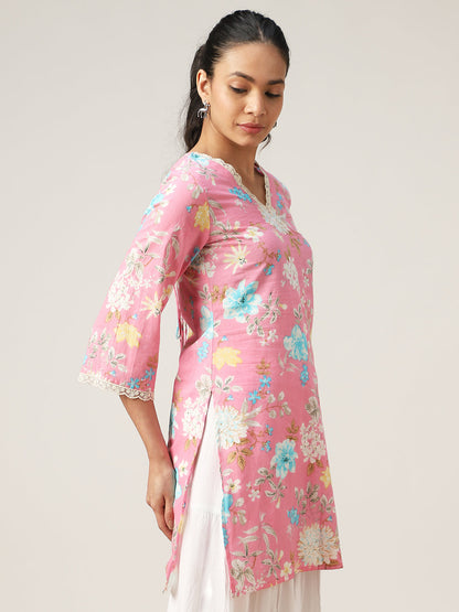 Straight Printed Cotton V-Neck Top