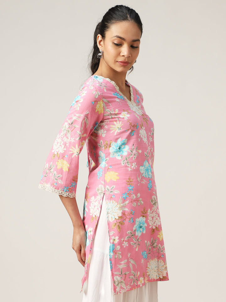 Straight Printed Cotton V-Neck Top