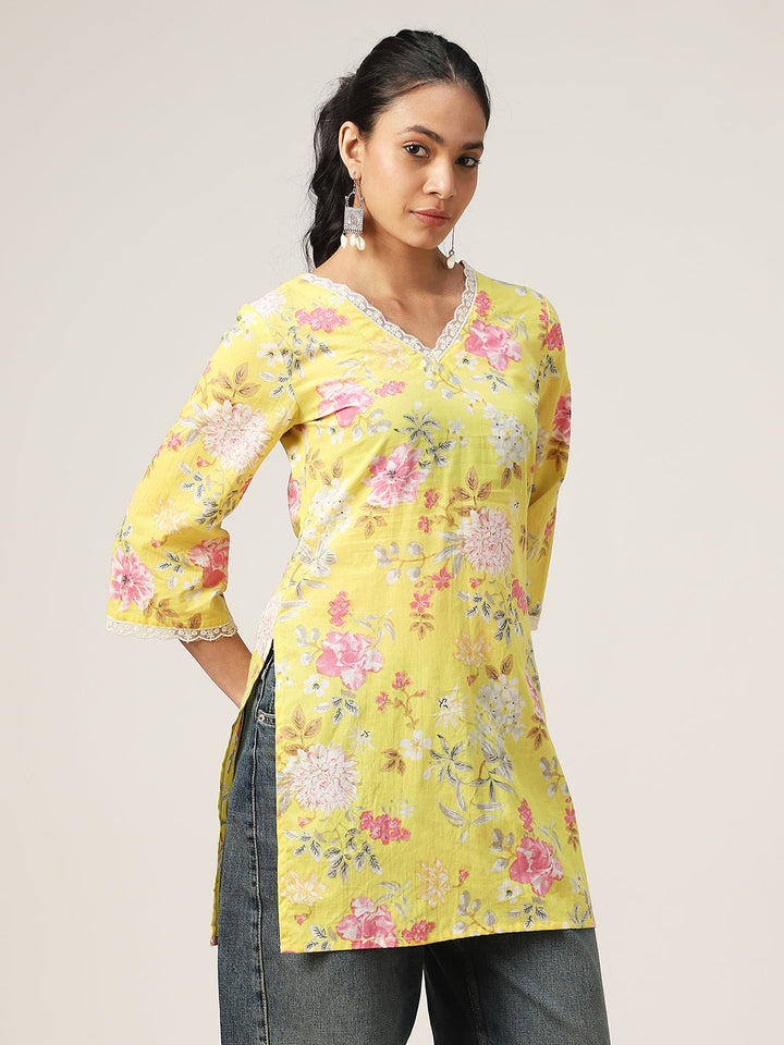 Straight Printed Cotton V-Neck Top