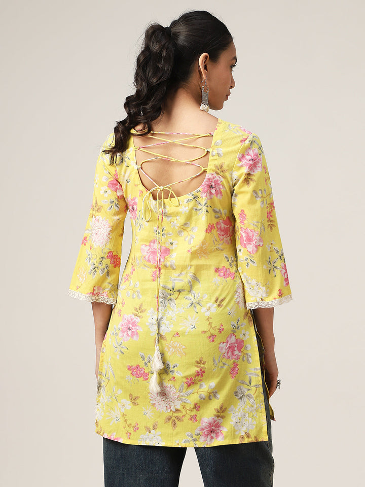 Straight Printed Cotton V-Neck Top