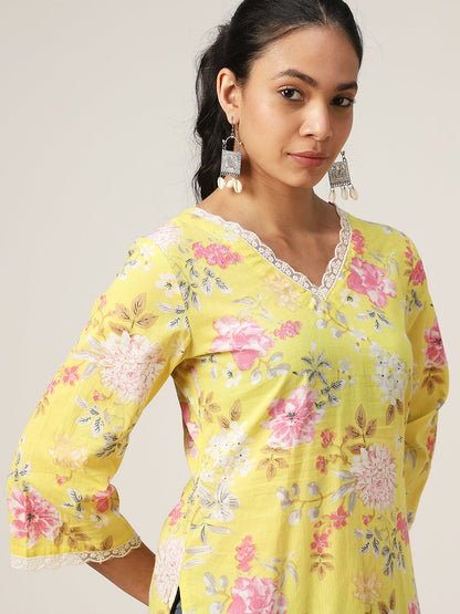 Straight Printed Cotton V-Neck Top