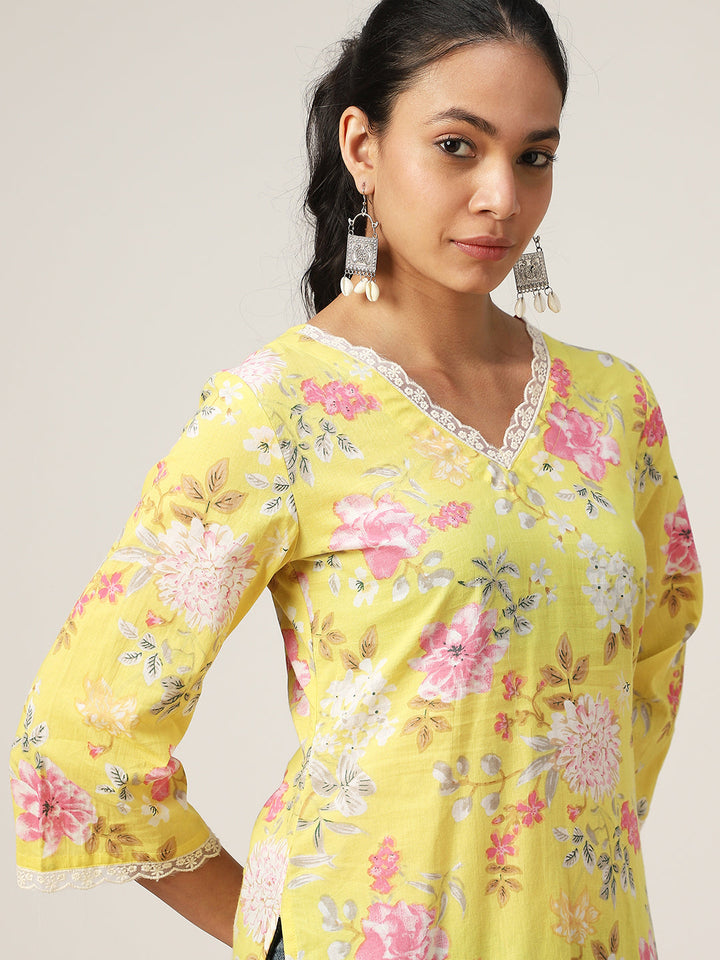 Straight Printed Cotton V-Neck Top