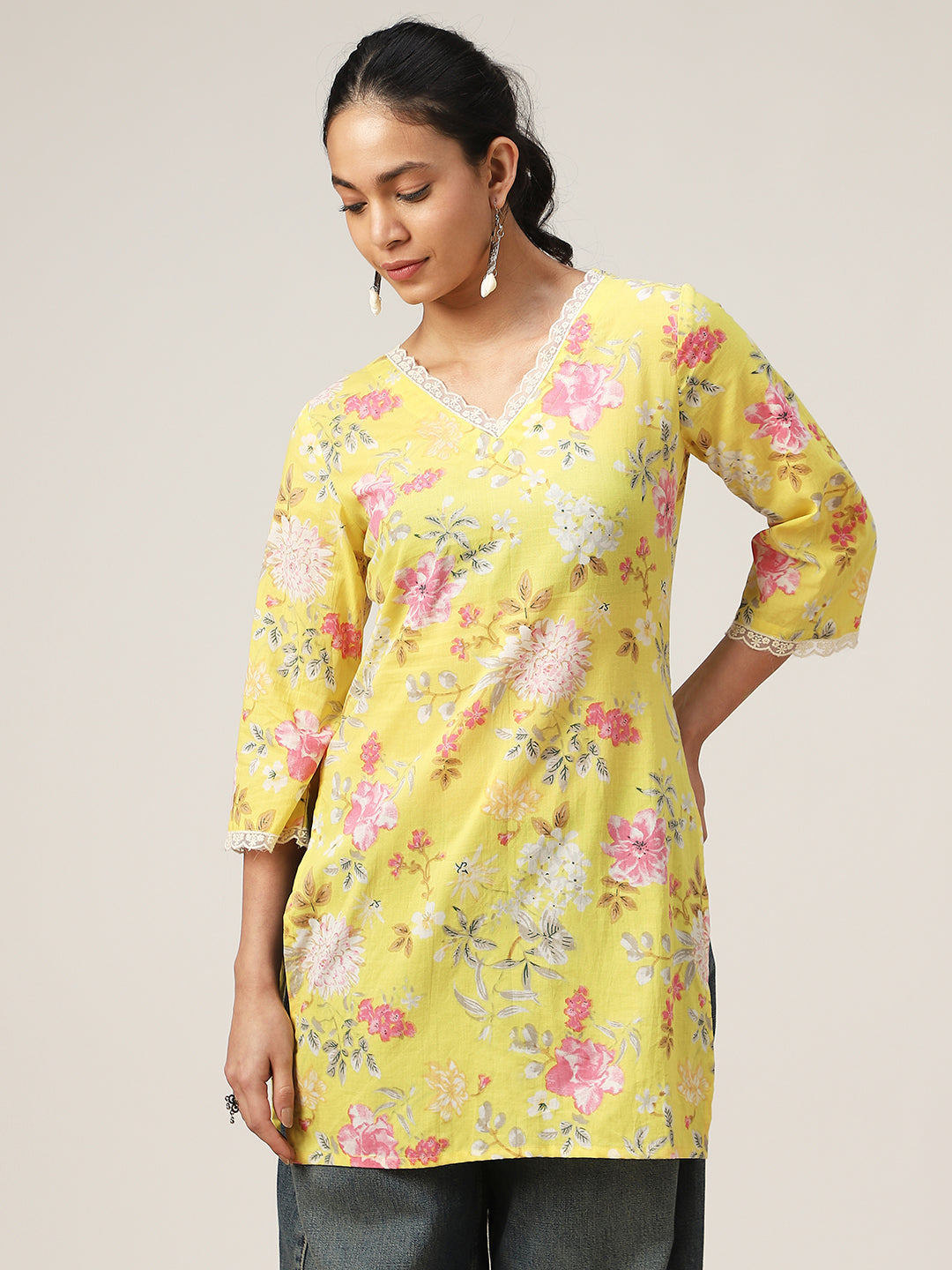 Straight Printed Cotton V-Neck Top