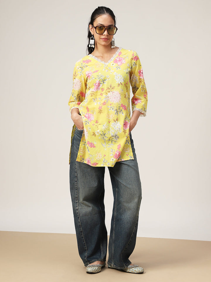 Straight Printed Cotton V-Neck Top
