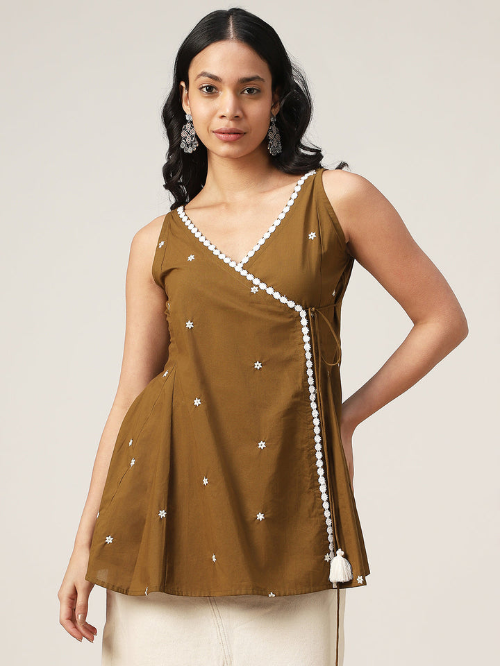 Flared Solid Cotton V-Neck Top