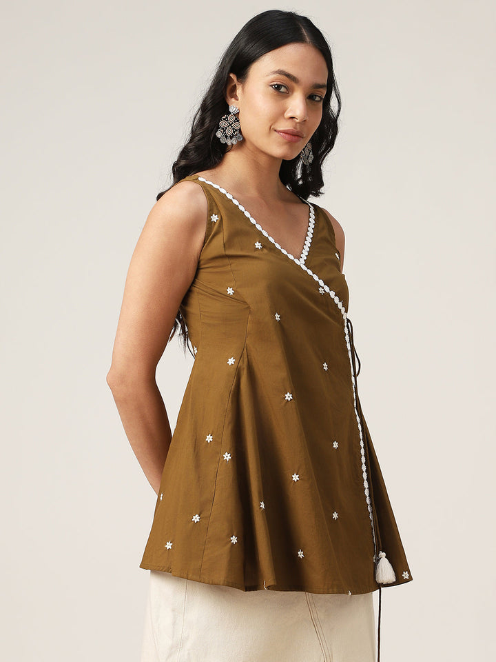 Flared Solid Cotton V-Neck Top