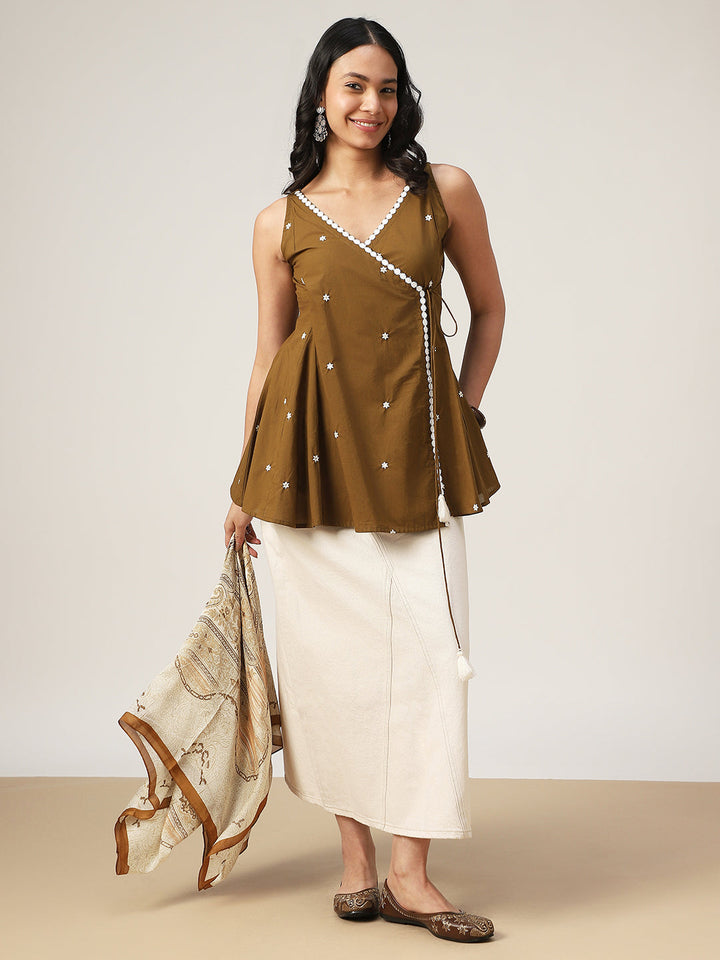 Flared Solid Cotton V-Neck Top
