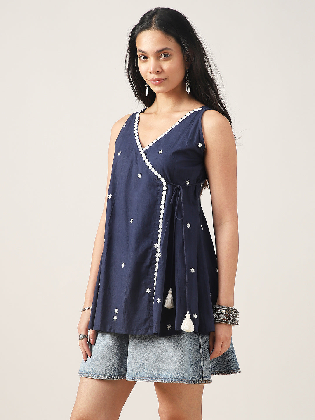 Flared Solid Cotton V-Neck Top