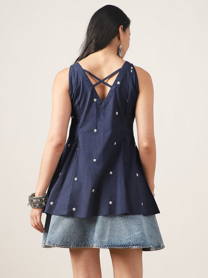 Flared Solid Cotton V-Neck Top