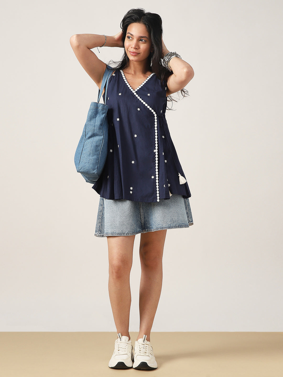 Flared Solid Cotton V-Neck Top
