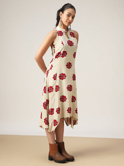 Asymmetrical Printed Rayon Round Neck Dress
