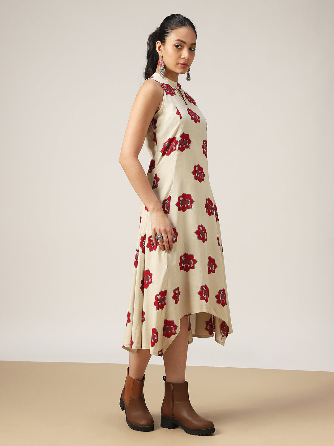 Asymmetrical Printed Rayon Round Neck Dress