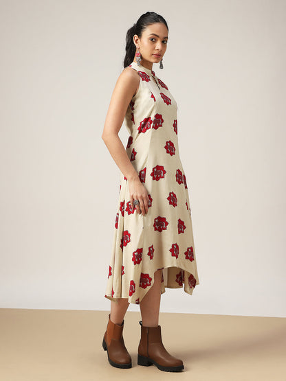 Asymmetrical Printed Rayon Round Neck Dress