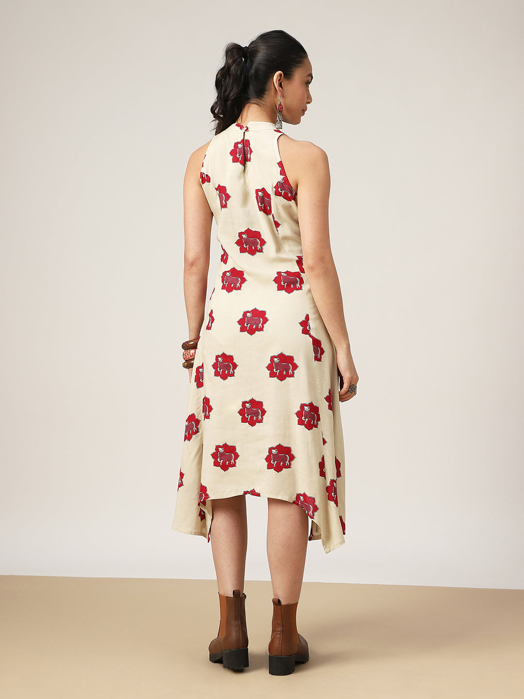 Asymmetrical Printed Rayon Round Neck Dress