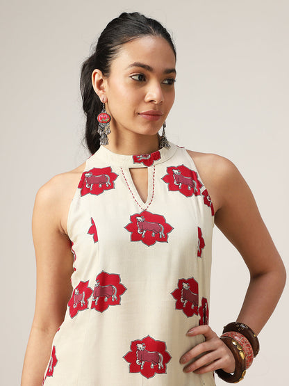 Asymmetrical Printed Rayon Round Neck Dress