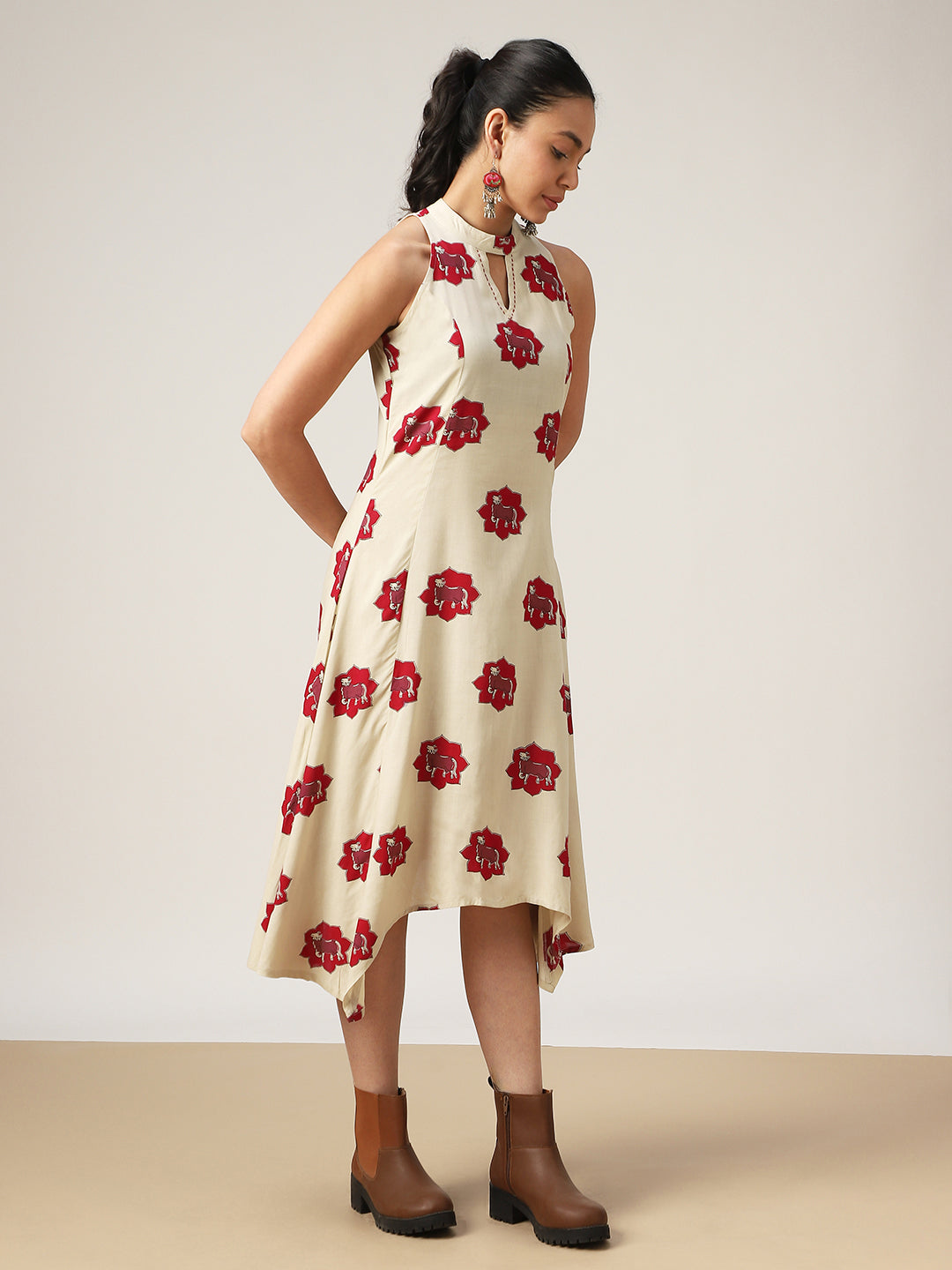 Asymmetrical Printed Rayon Round Neck Dress