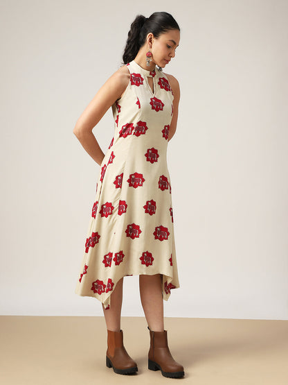 Asymmetrical Printed Rayon Round Neck Dress