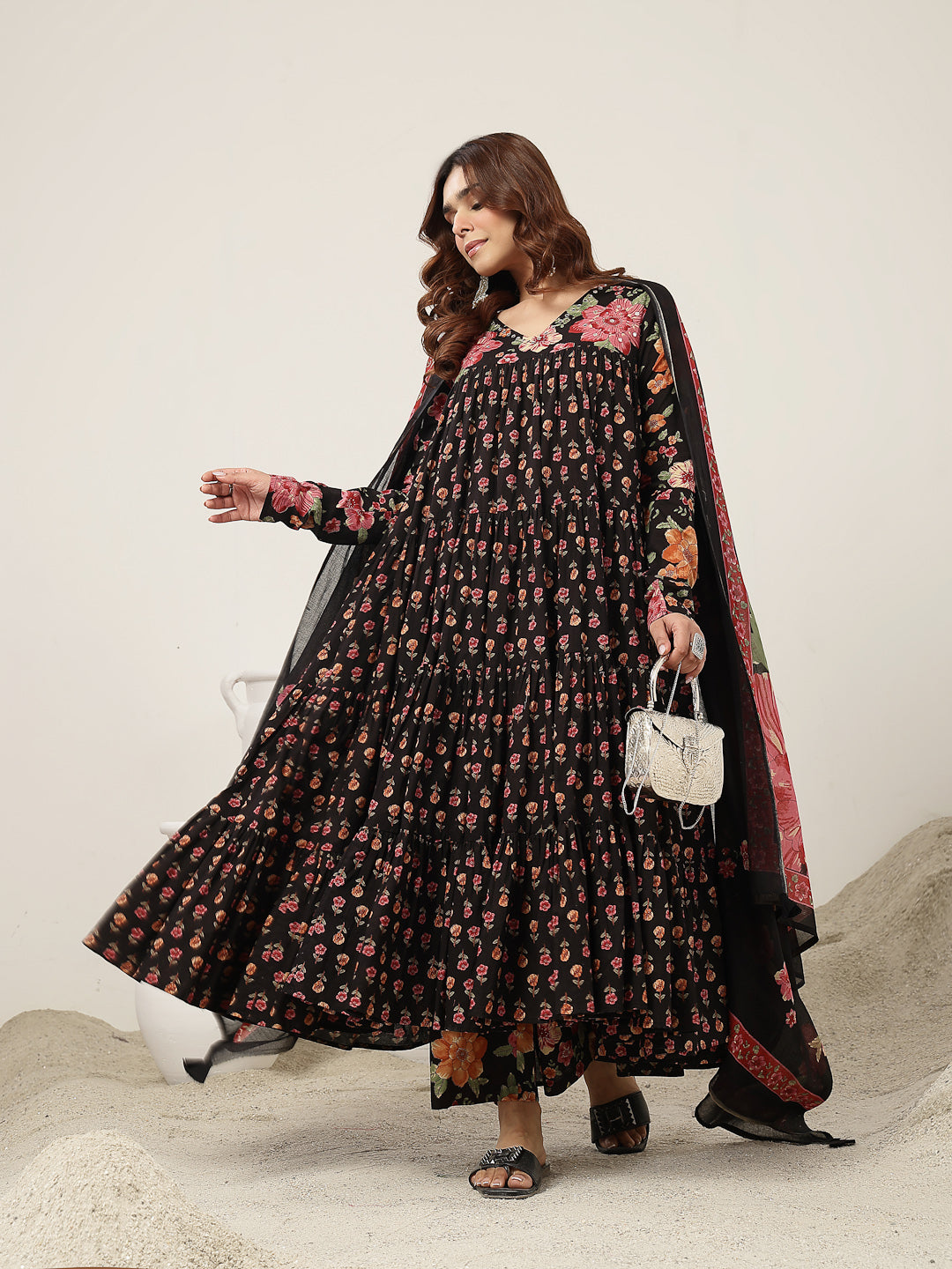 Flared Cotton Printed Kurta Set With Dupatta