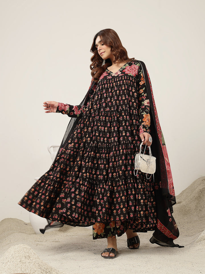 Flared Cotton Printed Kurta Set With Dupatta