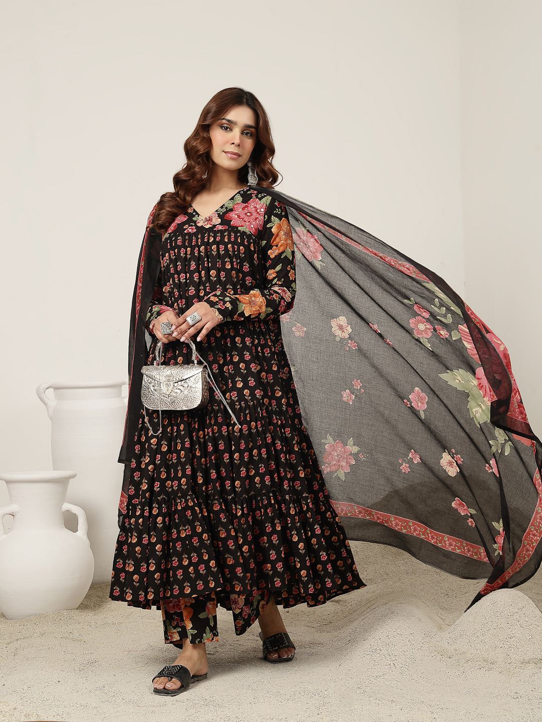 Flared Cotton Printed Kurta Set With Dupatta