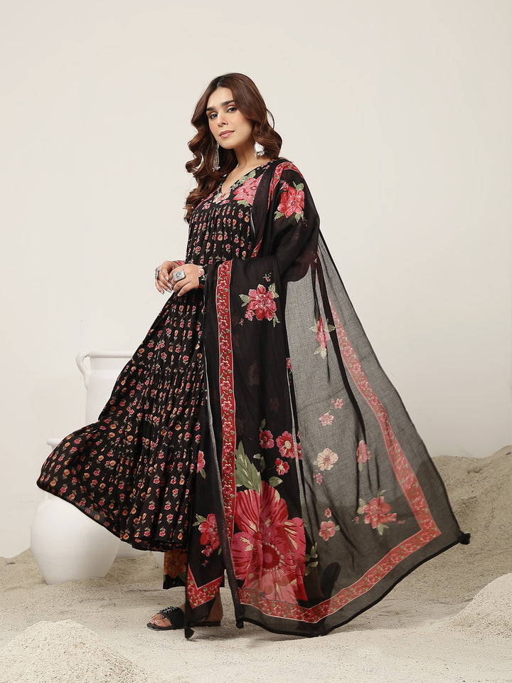 Flared Cotton Printed Kurta Set With Dupatta
