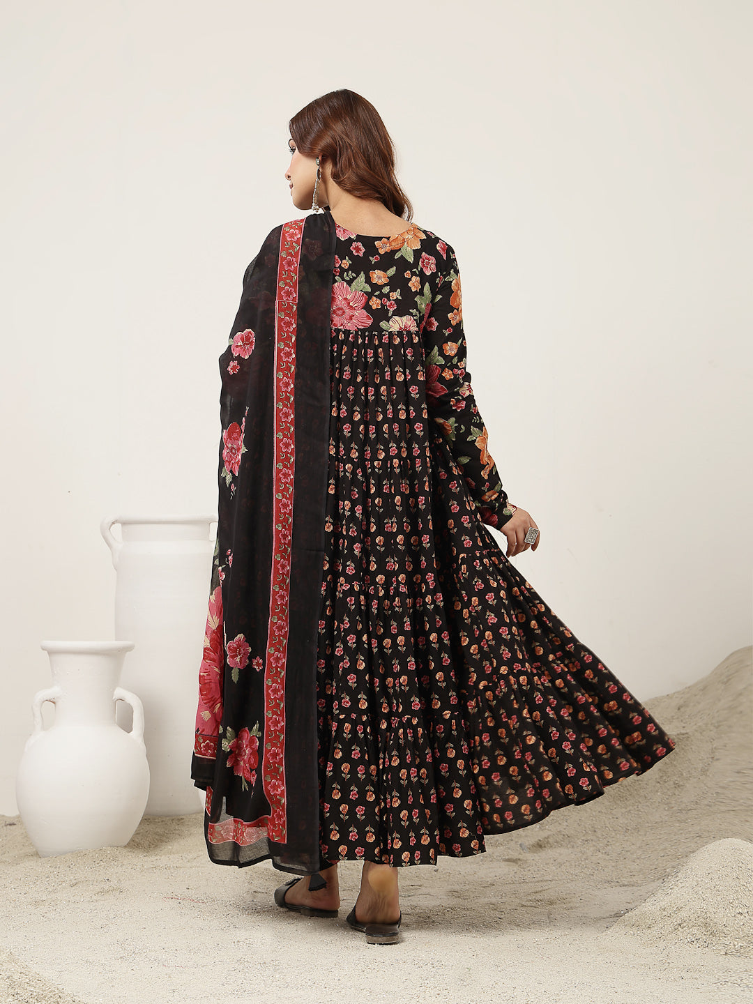 Flared Cotton Printed Kurta Set With Dupatta