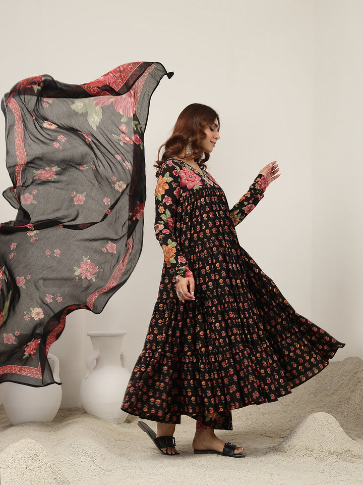 Flared Cotton Printed Kurta Set With Dupatta