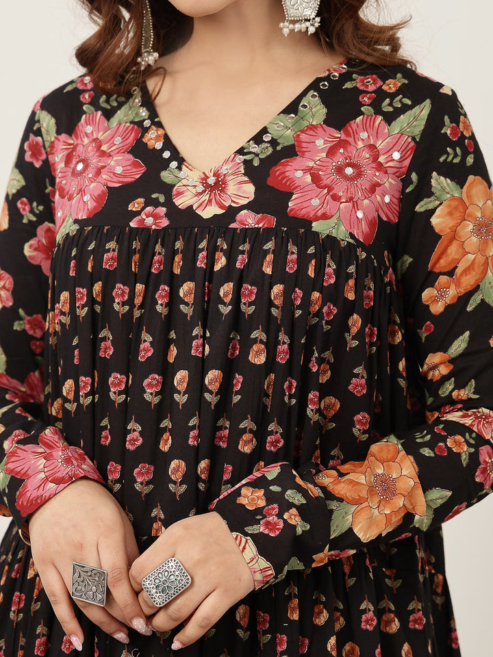 Flared Cotton Printed Kurta Set With Dupatta