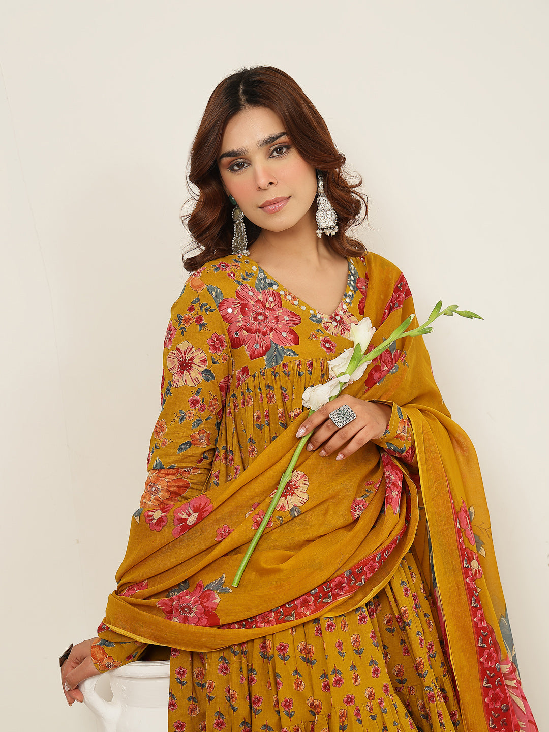 Flared Cotton Printed Kurta Set With Dupatta