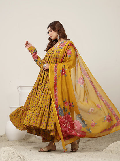 Flared Cotton Printed Kurta Set With Dupatta