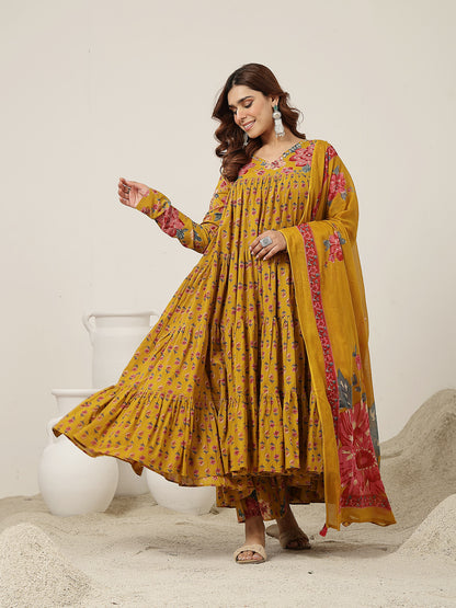 Flared Cotton Printed Kurta Set With Dupatta