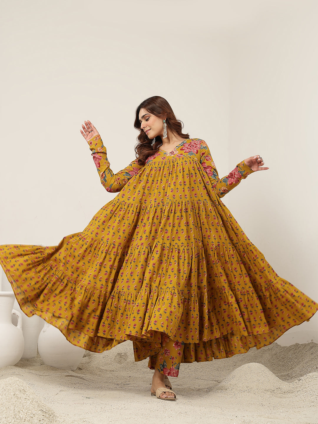 Flared Cotton Printed Kurta Set With Dupatta