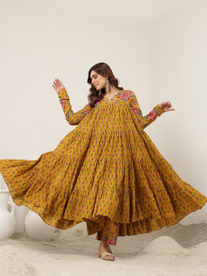 Flared Cotton Printed Kurta Set With Dupatta