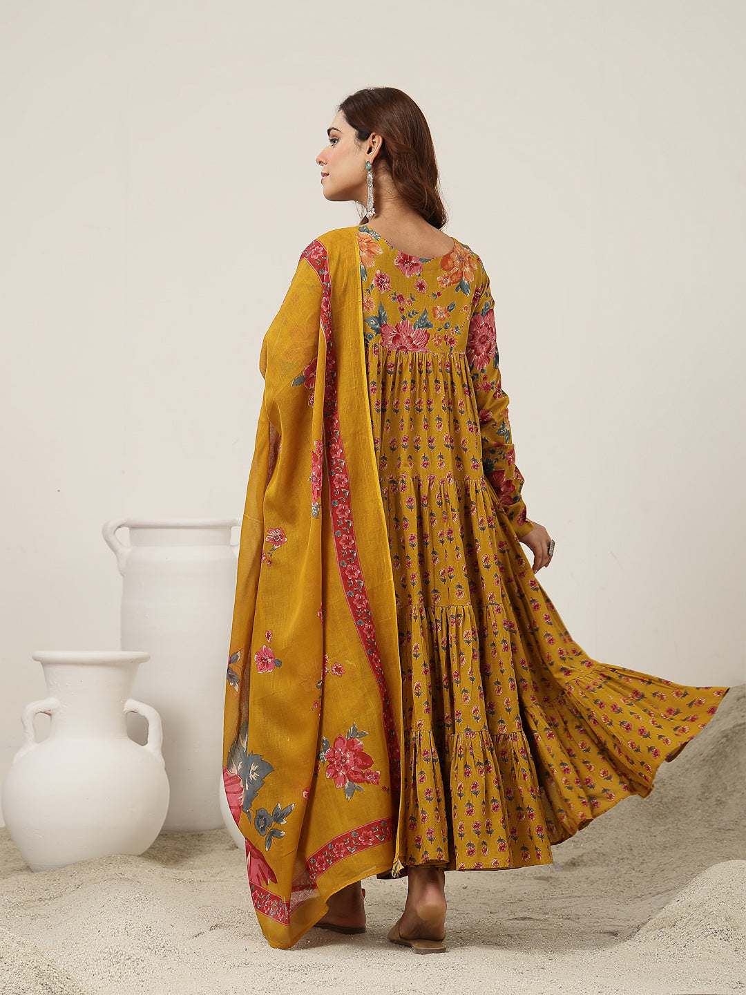 Flared Cotton Printed Kurta Set With Dupatta