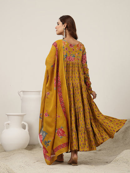 Flared Cotton Printed Kurta Set With Dupatta