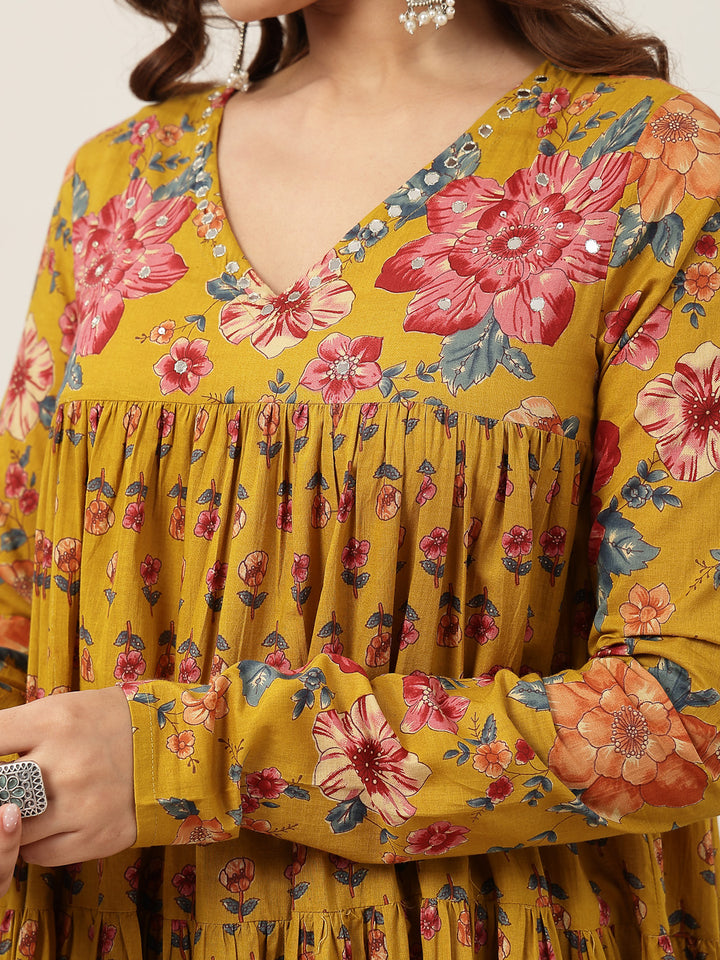 Flared Cotton Printed Kurta Set With Dupatta