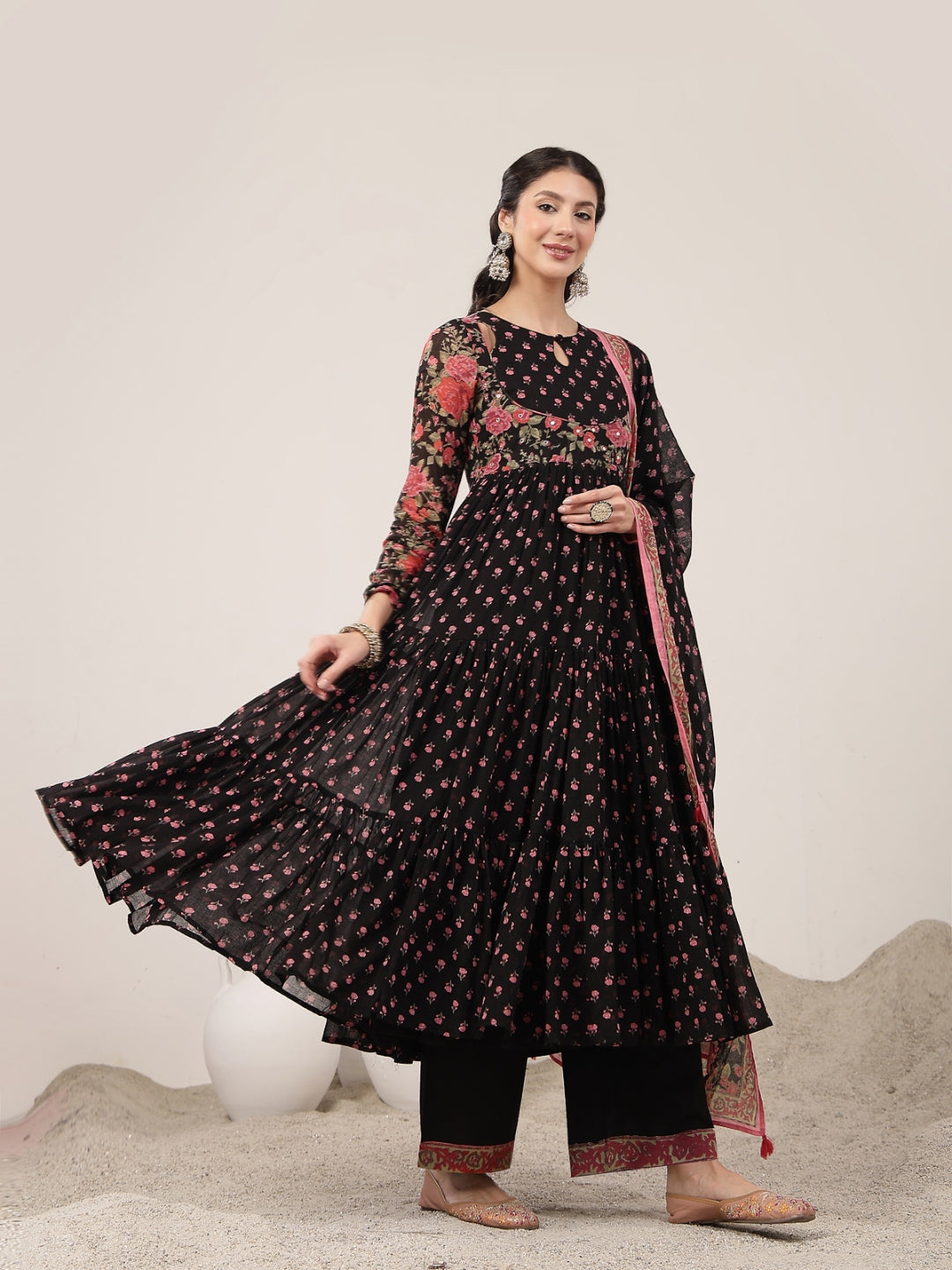 Flared Malmal Printed Kurta Set With Dupatta