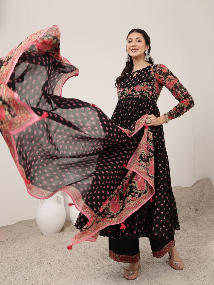 Flared Malmal Printed Kurta Set With Dupatta