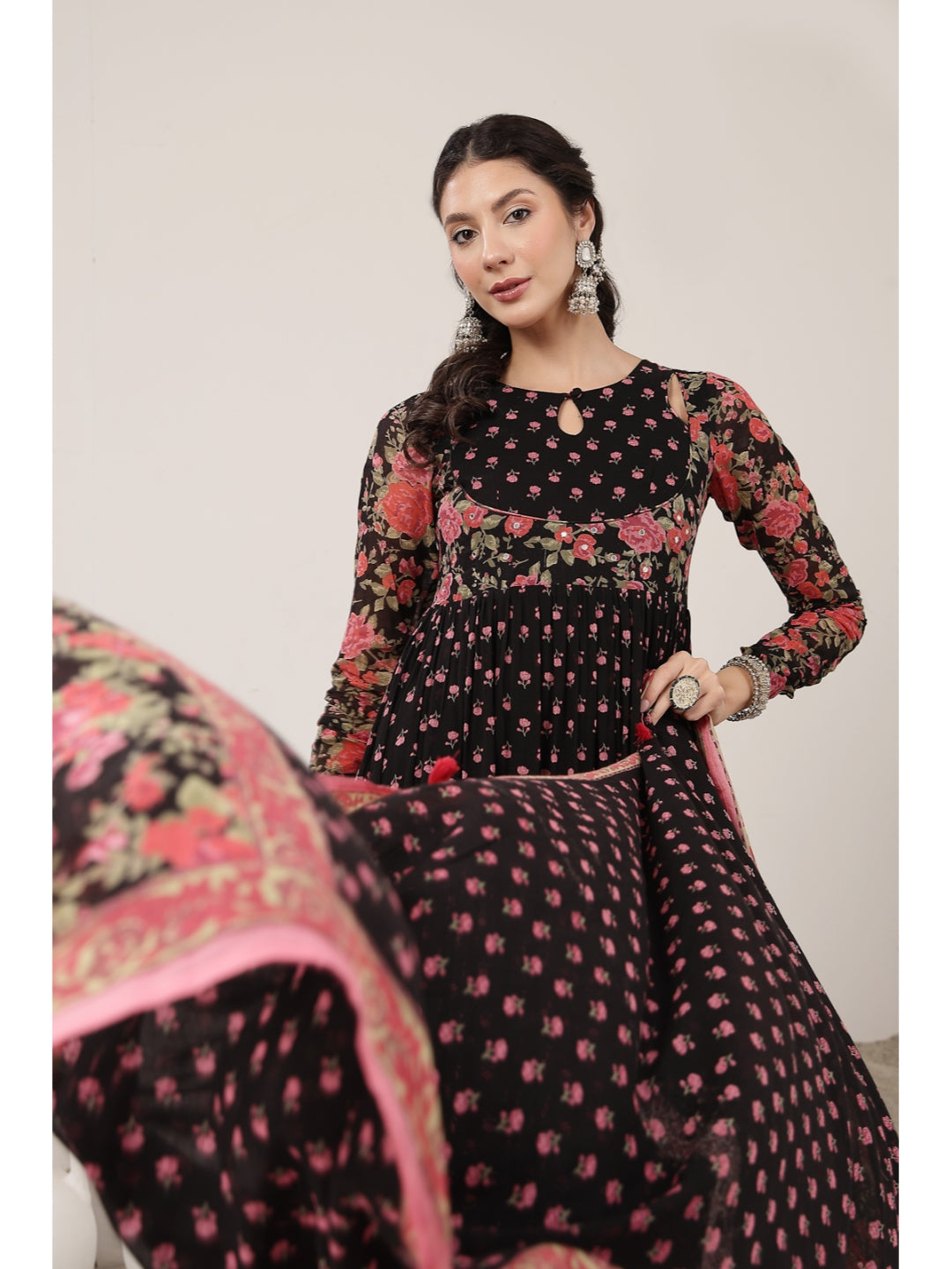 Flared Malmal Printed Kurta Set With Dupatta