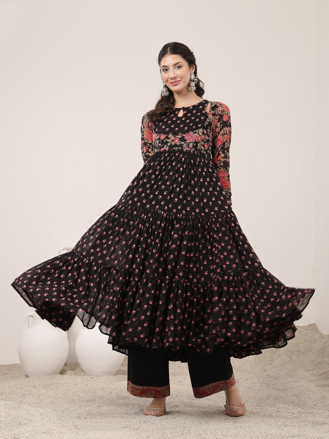 Flared Malmal Printed Kurta Set With Dupatta