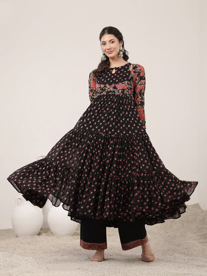 Flared Malmal Printed Kurta Set With Dupatta