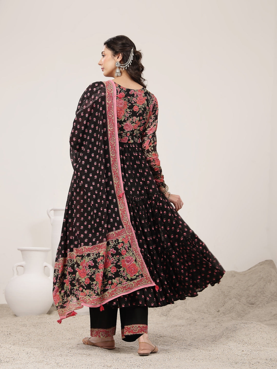 Flared Malmal Printed Kurta Set With Dupatta