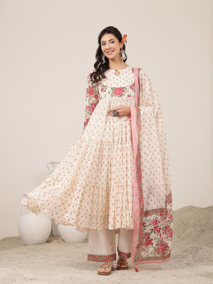 Flared Malmal Printed Kurta Set With Dupatta